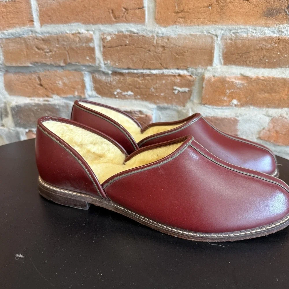 O'Sullivans Vintage Loafer Slipper Wine Split Toe‎ Leather Shearling Mens Sz 8